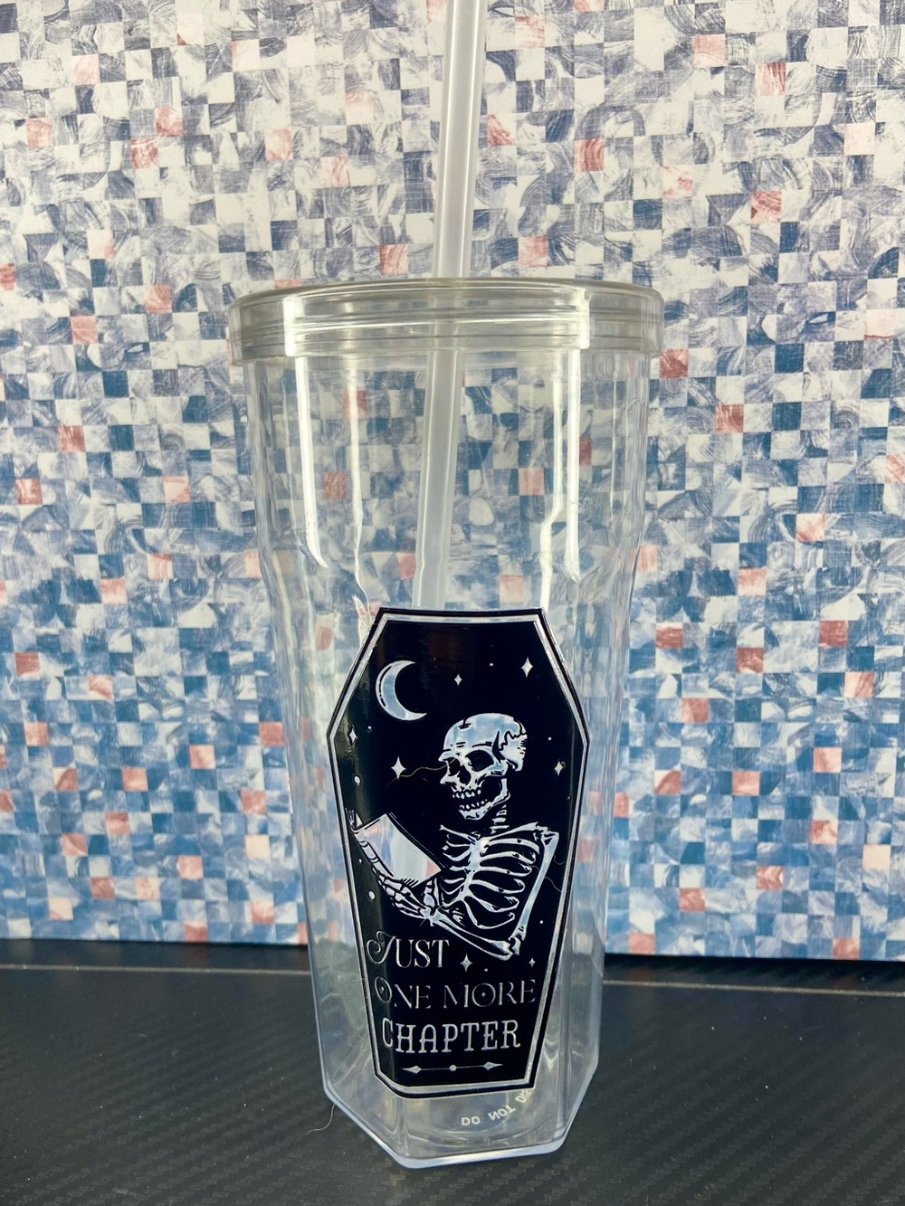 Clear Travel Tumbler with Black Coffin Skull Design - 'Just One More Chapter'
